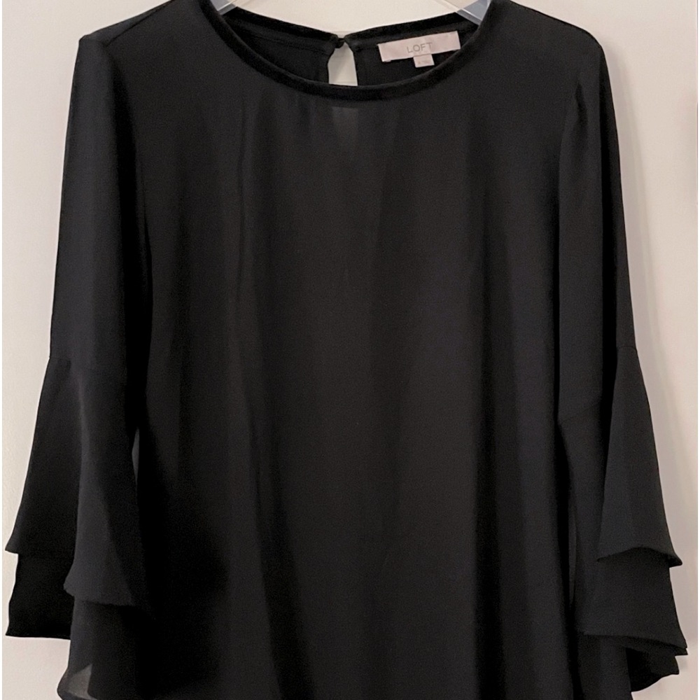 LOFT Classic Black Ruffled Bell Sleeve Blouse XS